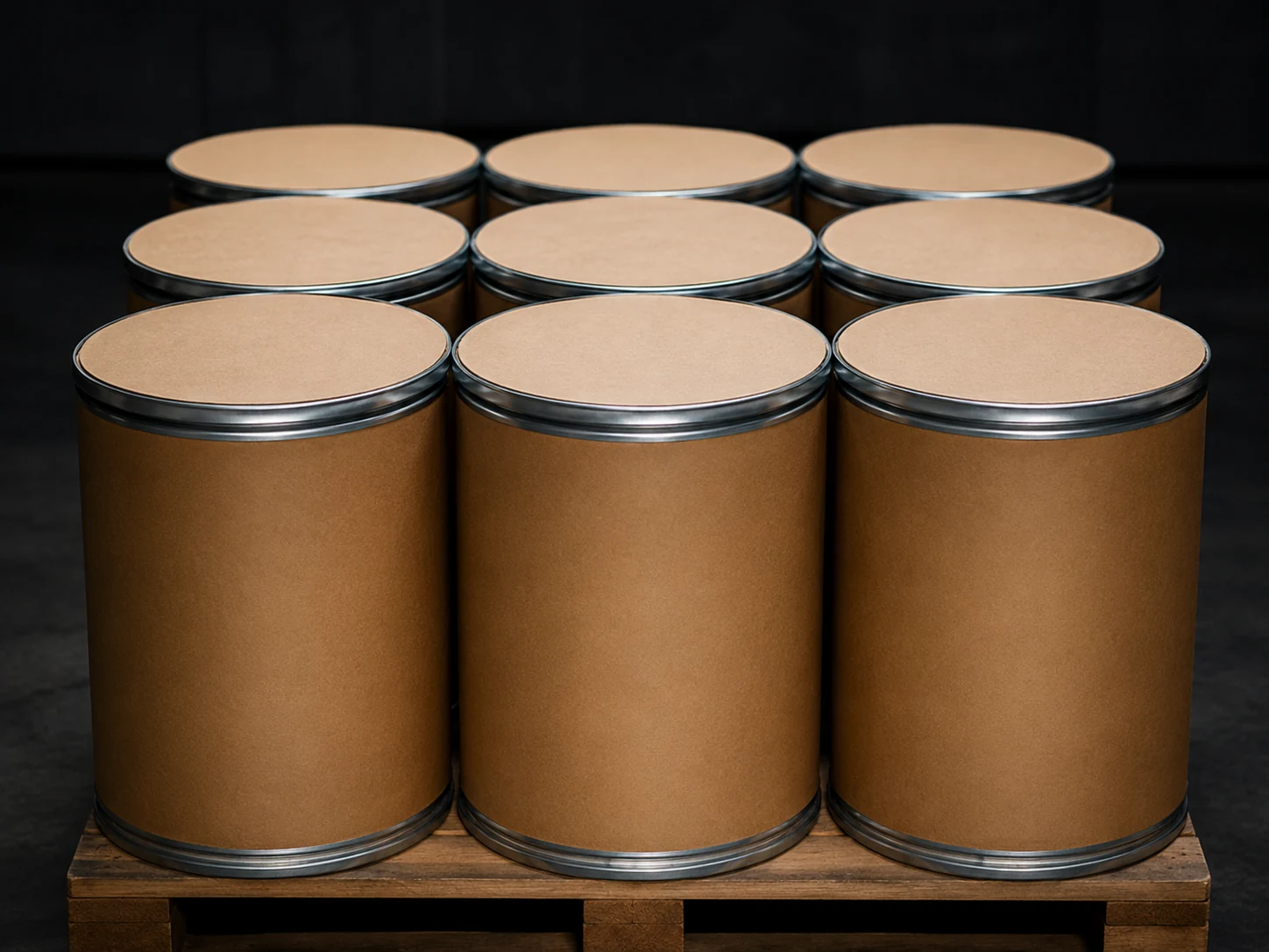 Sealed fibre drums arranged on an industrial pallet