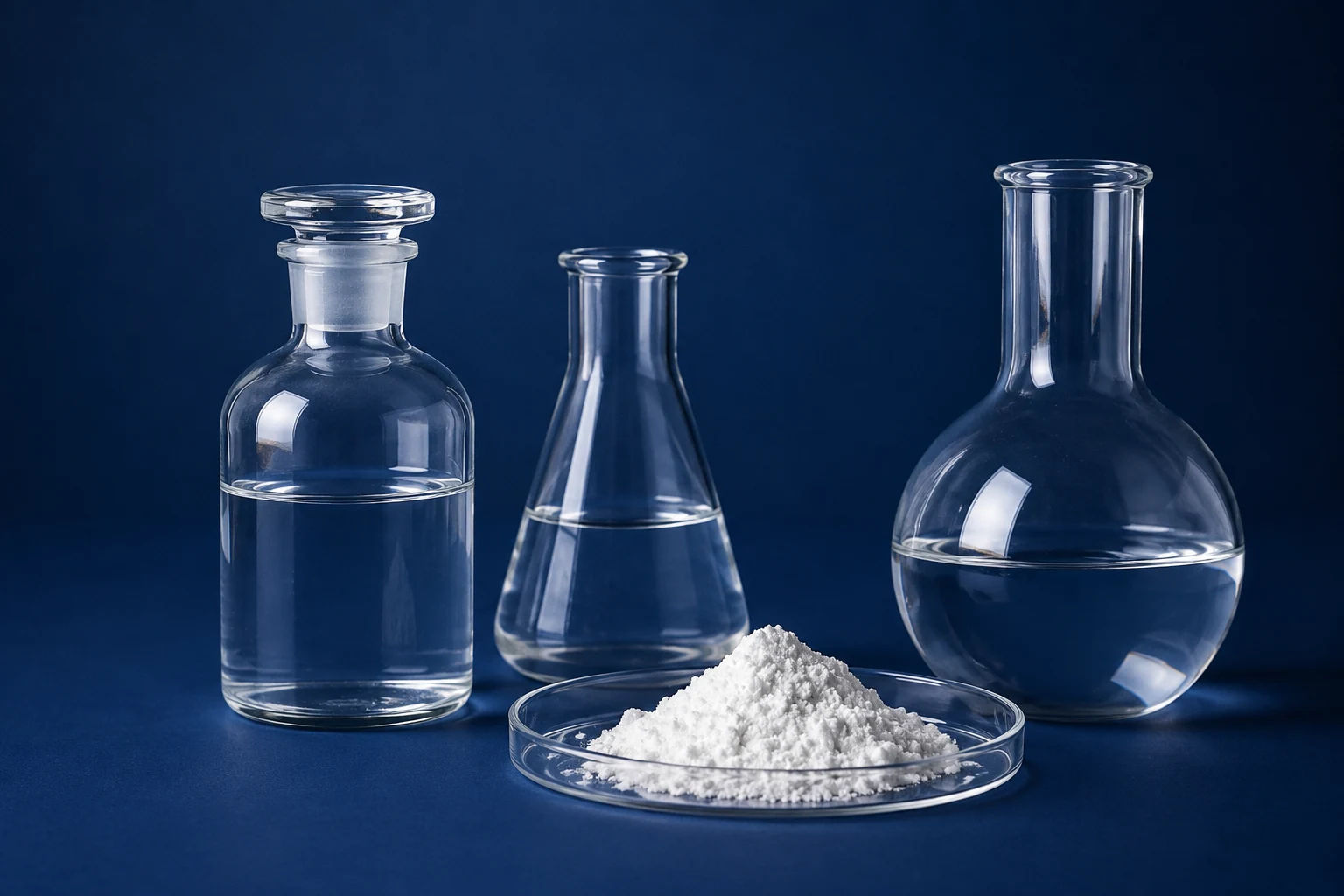 Laboratory glassware and a fine white chemical material