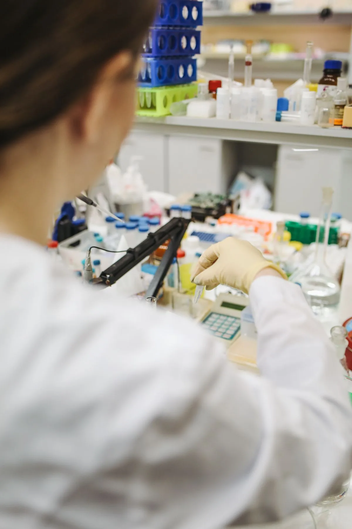 Scientist working with samples at a laboratory bench