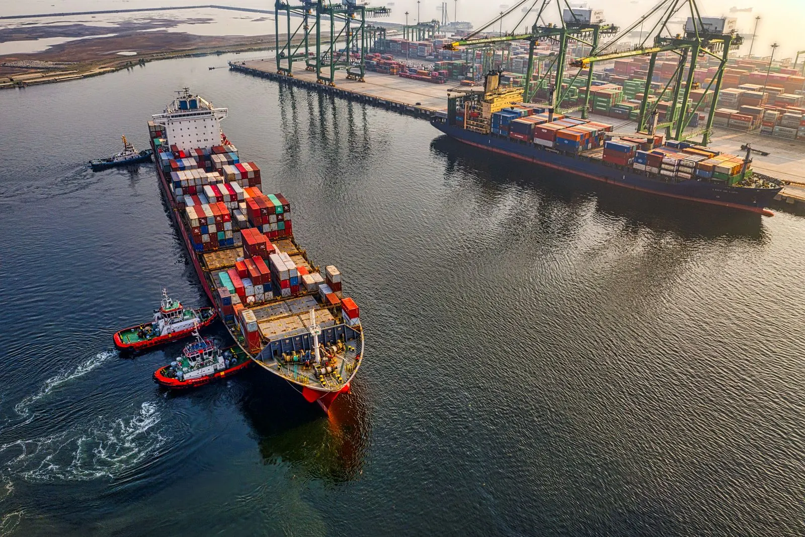 Cargo ship approaching a container port