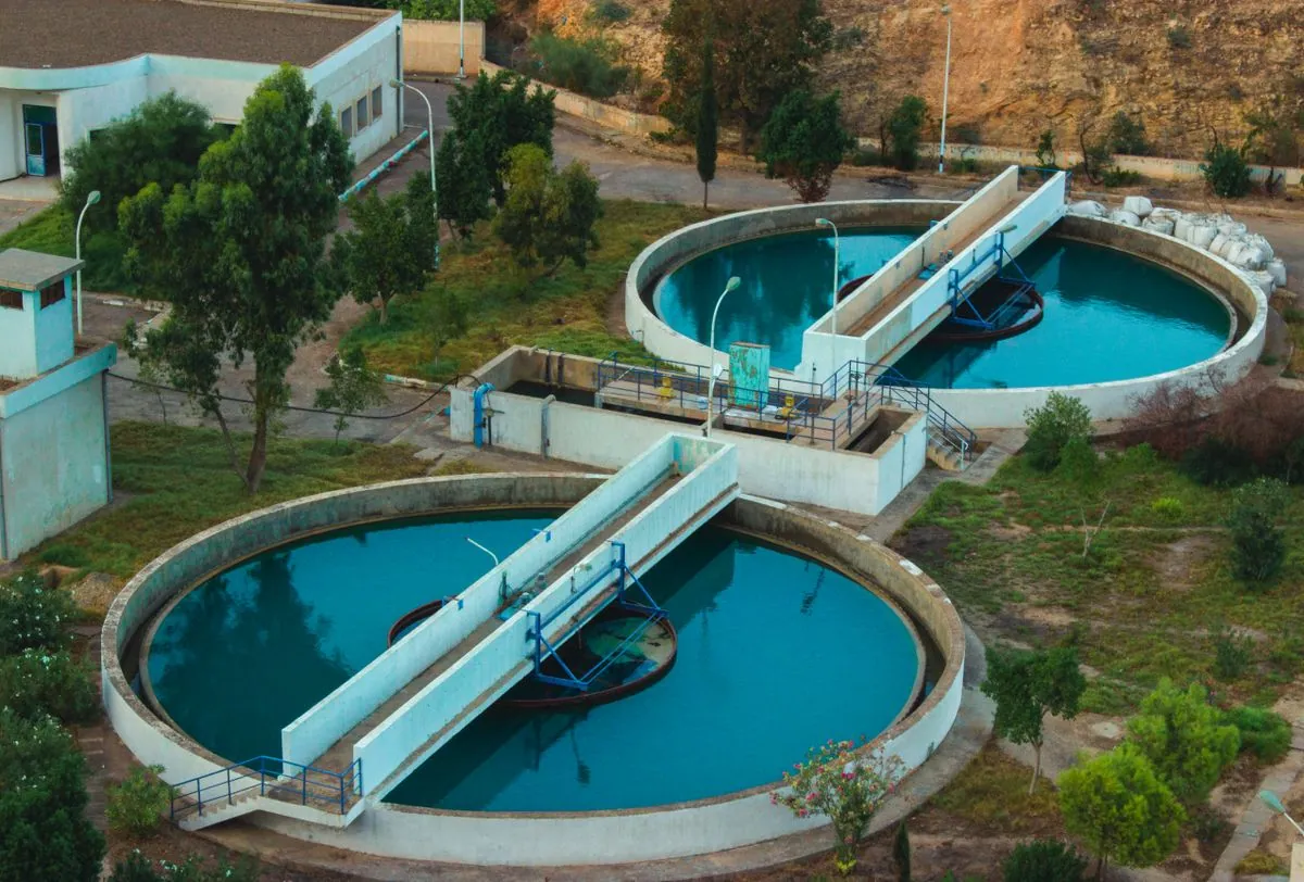 Aerial view of circular water-treatment tanks