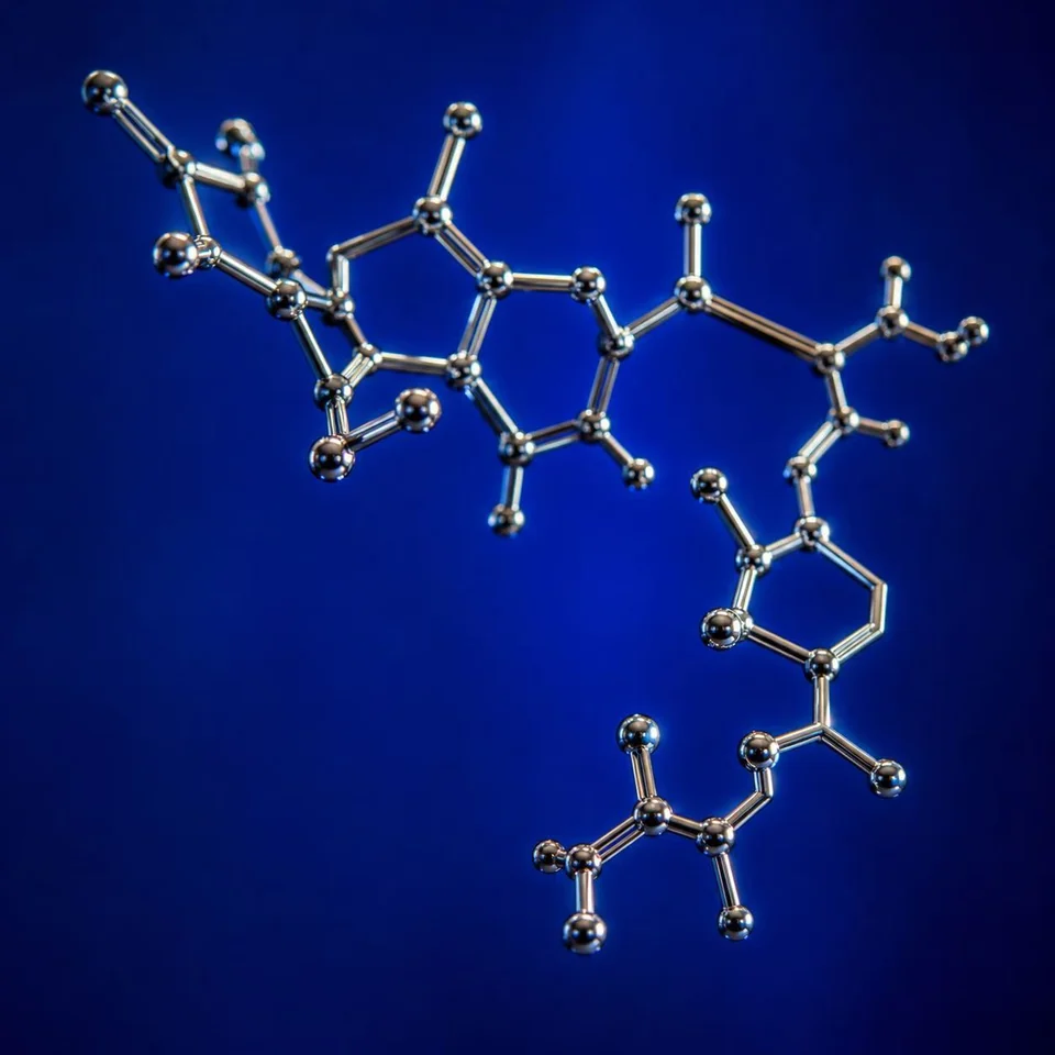 Metallic molecular structure against a blue background