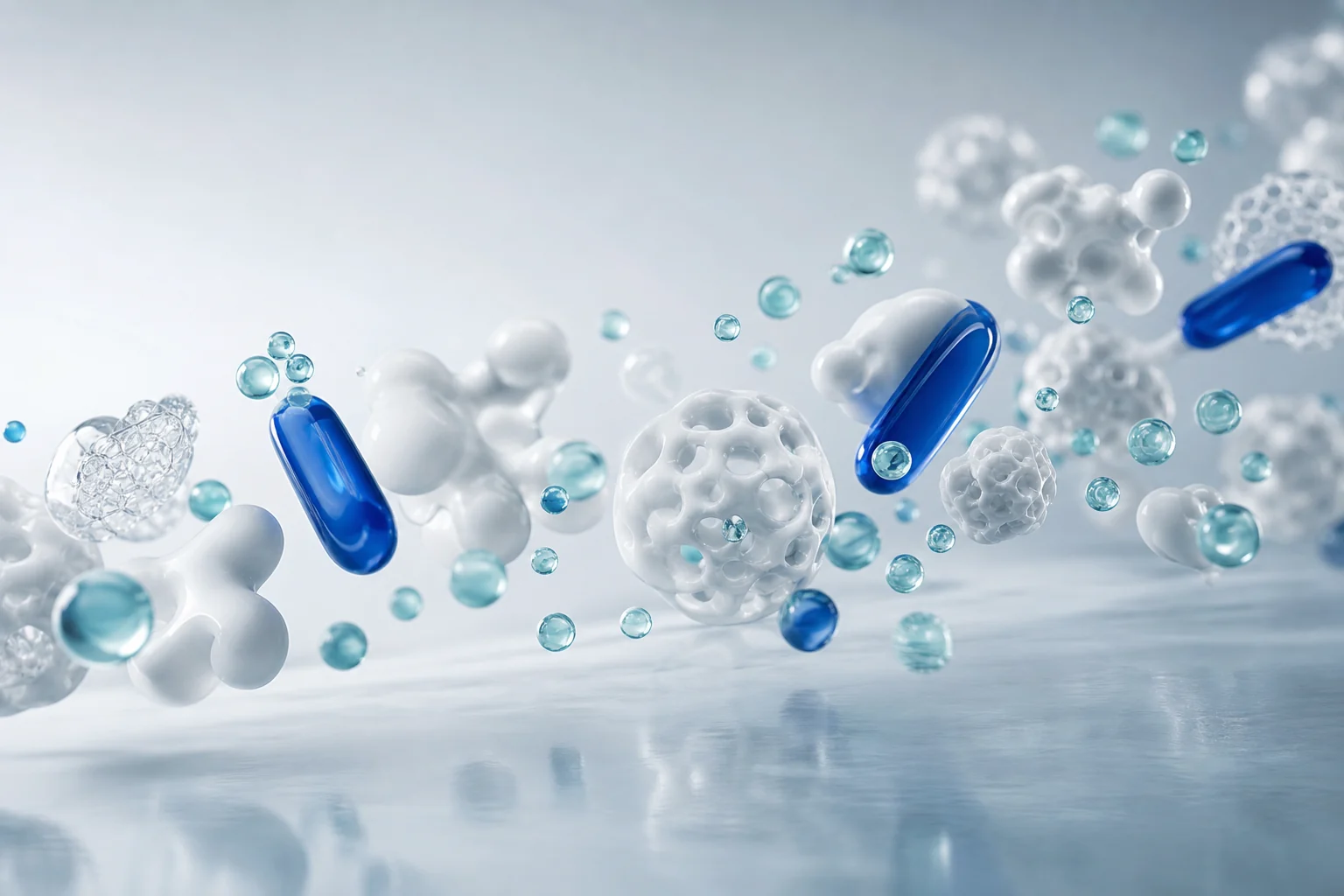 Abstract cobalt and white material specimens in a silvery blue field