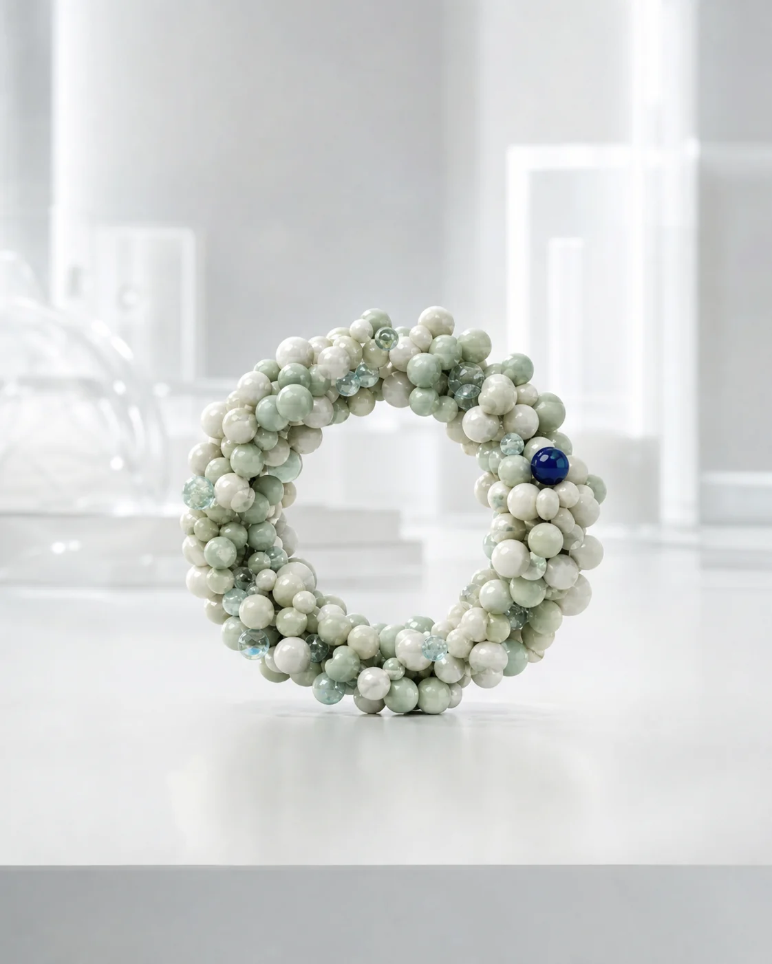 A circular material specimen made from ceramic molecular beads