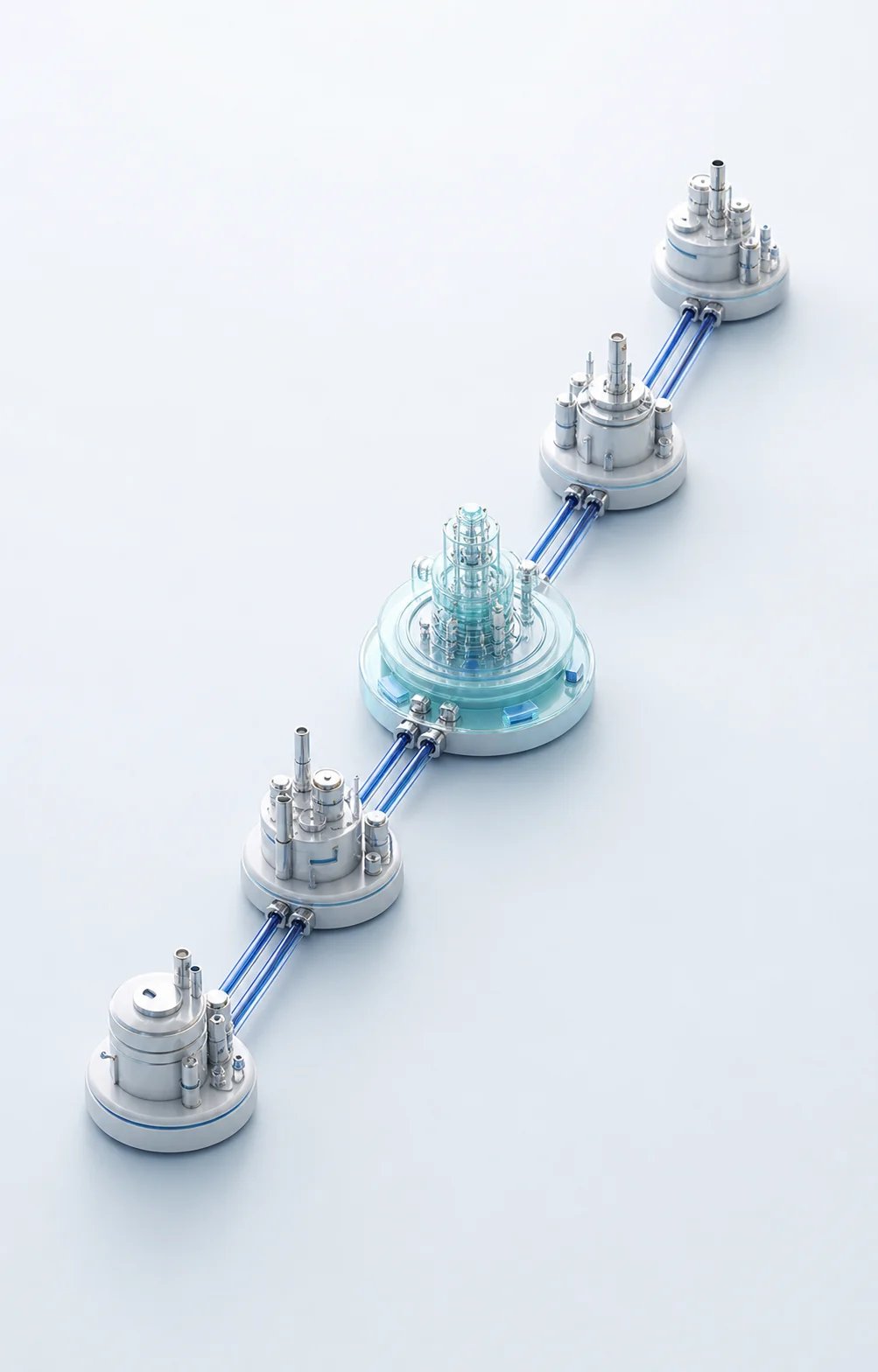 Five precision manufacturing nodes connected to one central hub
